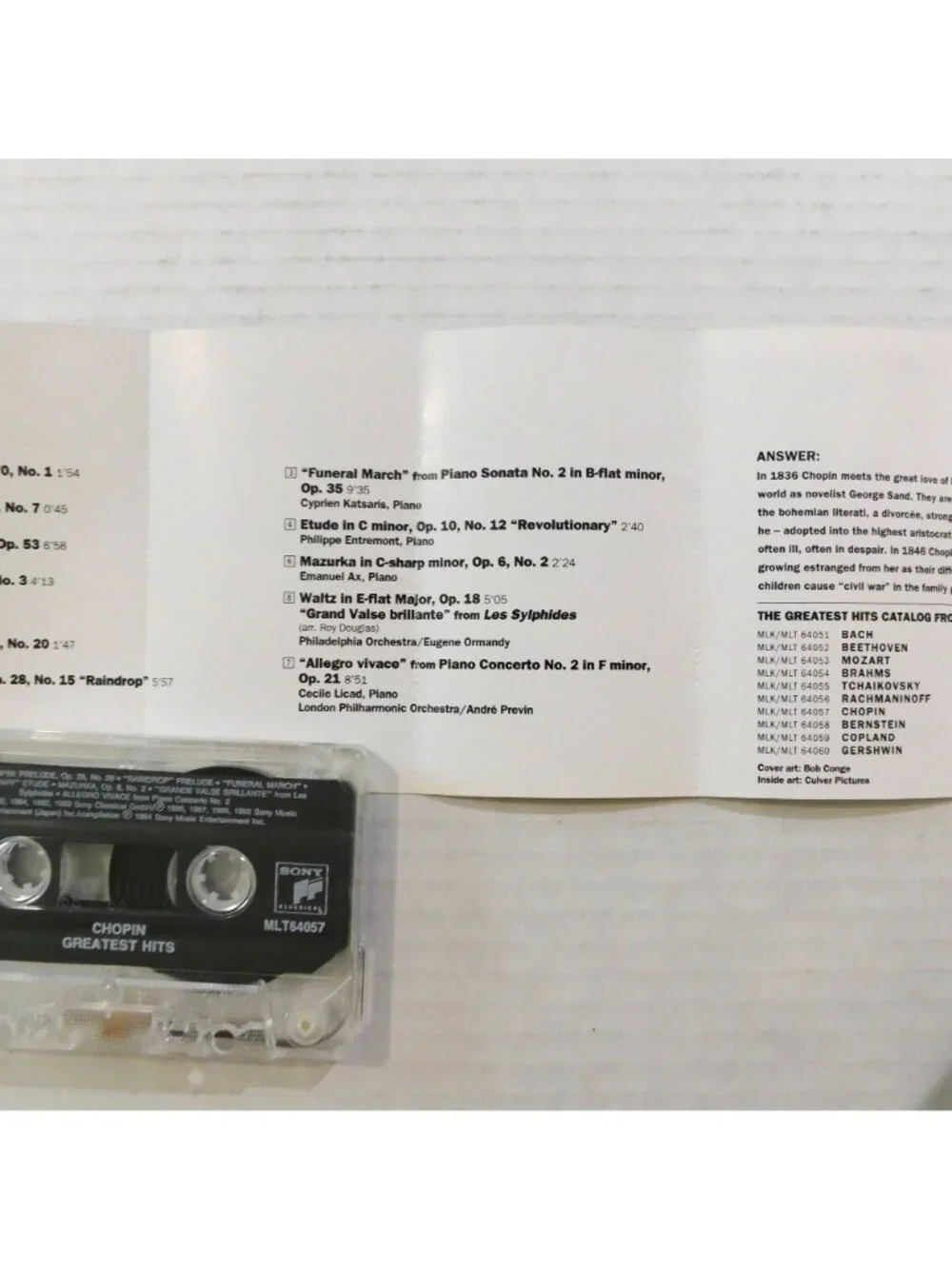 Chopin Greatest Hits Classical Audio Cassette 1994 Sony Bonus Trivia